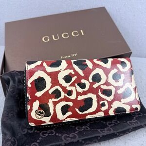 Gucci Red Cream Leopard Print Leather Zip Around Wallet 309705-534563